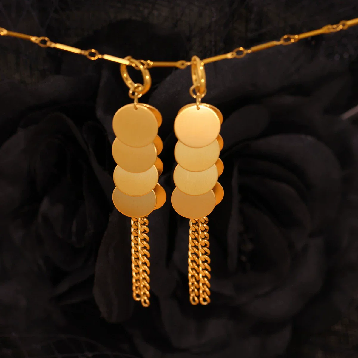 Wholesale Stainless Steel Geometric Ferris Wheel Disc Tassel Electroplated Long Earrings For Women - Image 4