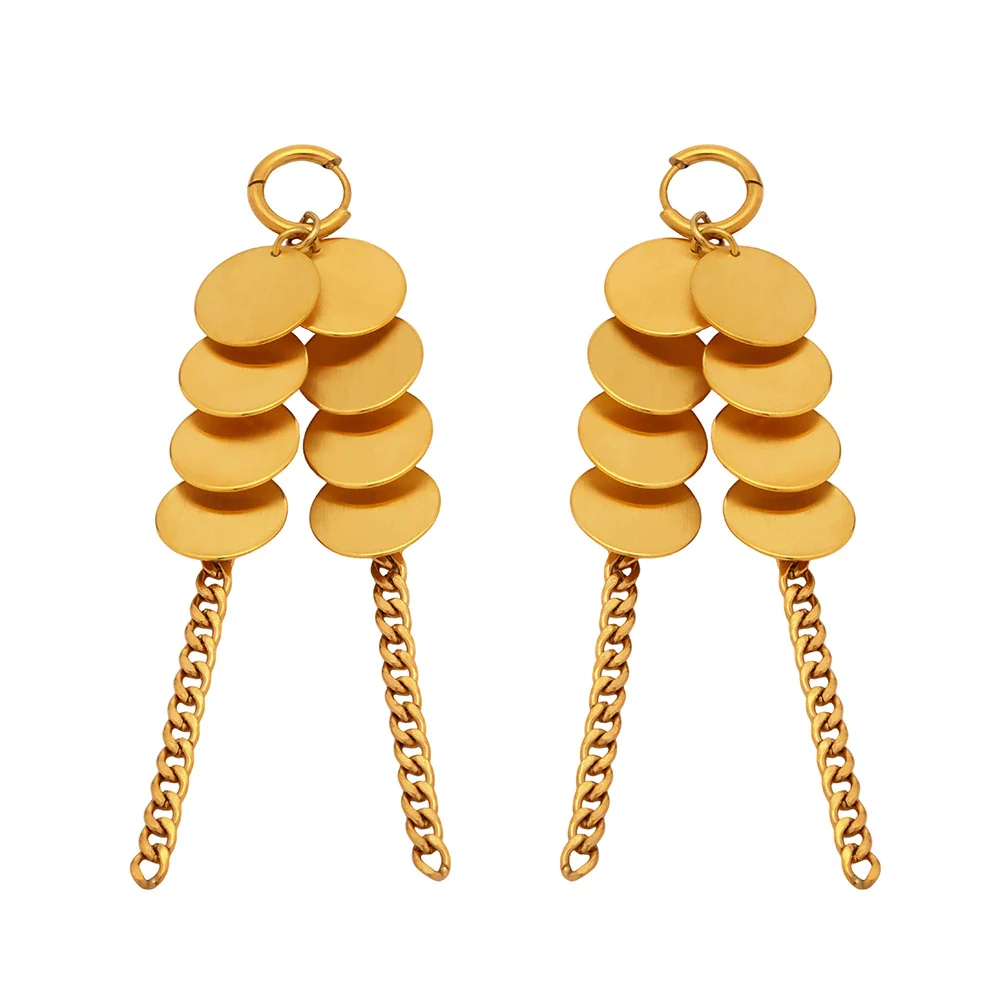 Wholesale Stainless Steel Geometric Ferris Wheel Disc Tassel Electroplated Long Earrings For Women - Image 5