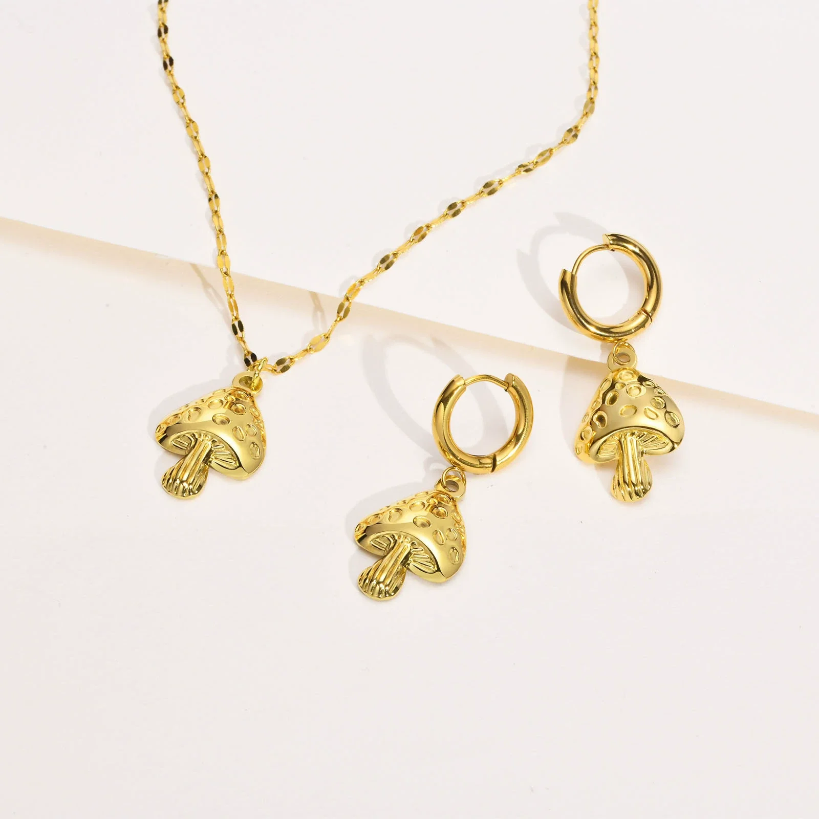 Wholesale Stainless Steel Geometric Mushroom Women's Earrings And Necklace With Electroplating