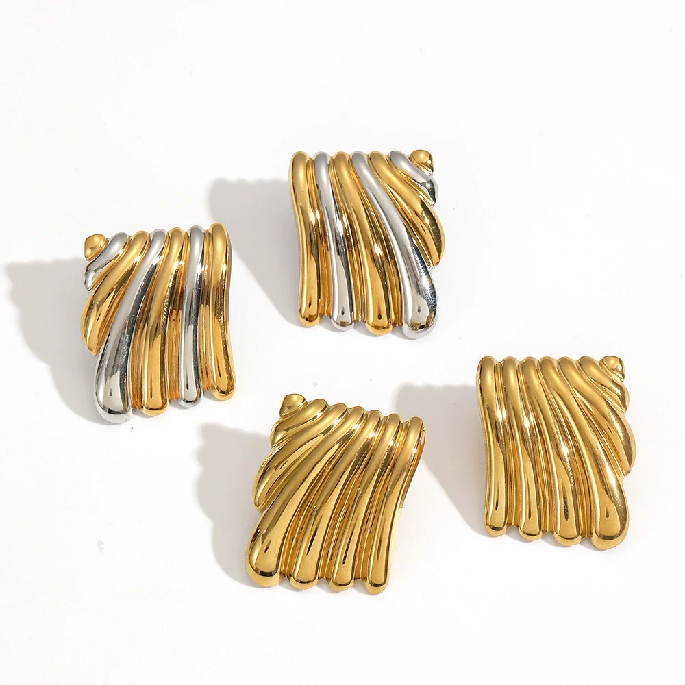 Wholesale Stainless Steel Geometric Pleated Texture Women's Earrings With Pvd Furnace Vacuum Real Gold Plating - Image 4