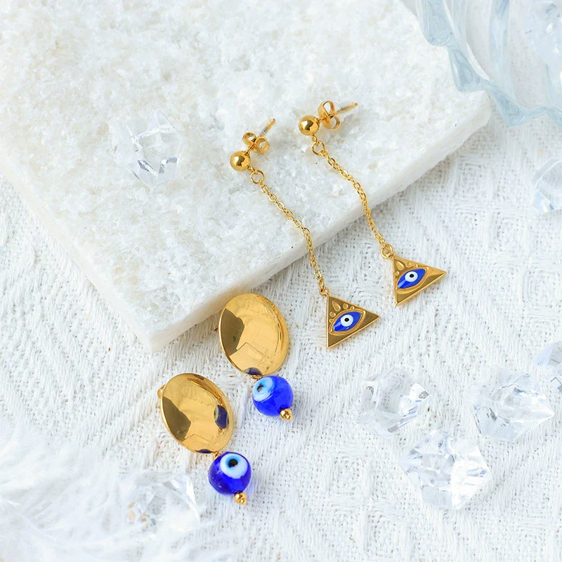 Wholesale Stainless Steel Geometric Retro Oil Drop Blue Eyes Earrings With Electroplating