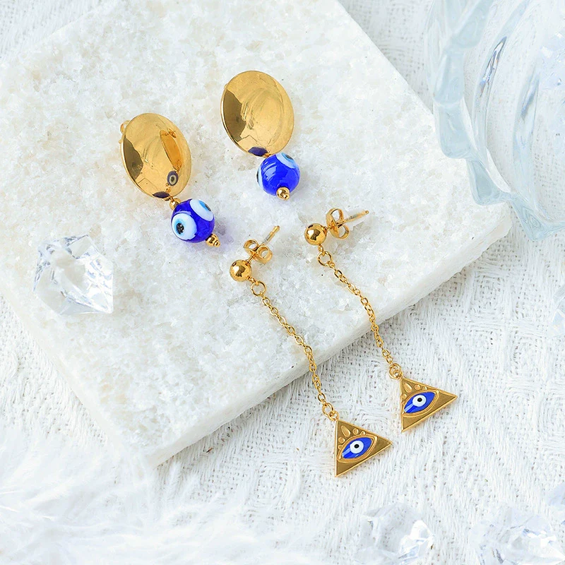 Wholesale Stainless Steel Geometric Retro Oil Drop Blue Eyes Earrings With Electroplating - Image 2