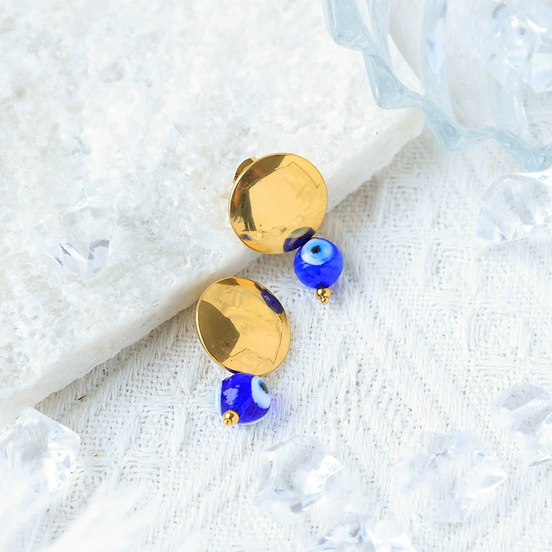 Wholesale Stainless Steel Geometric Retro Oil Drop Blue Eyes Earrings With Electroplating - Image 3