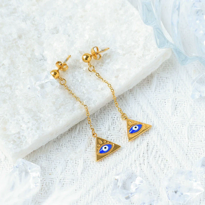 Wholesale Stainless Steel Geometric Retro Oil Drop Blue Eyes Earrings With Electroplating - Image 4