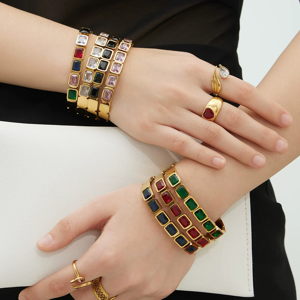 Wholesale Stainless Steel Geometric Square Stained Glass Stone 18K Gold Plated Bracelet Jewelry Accessories