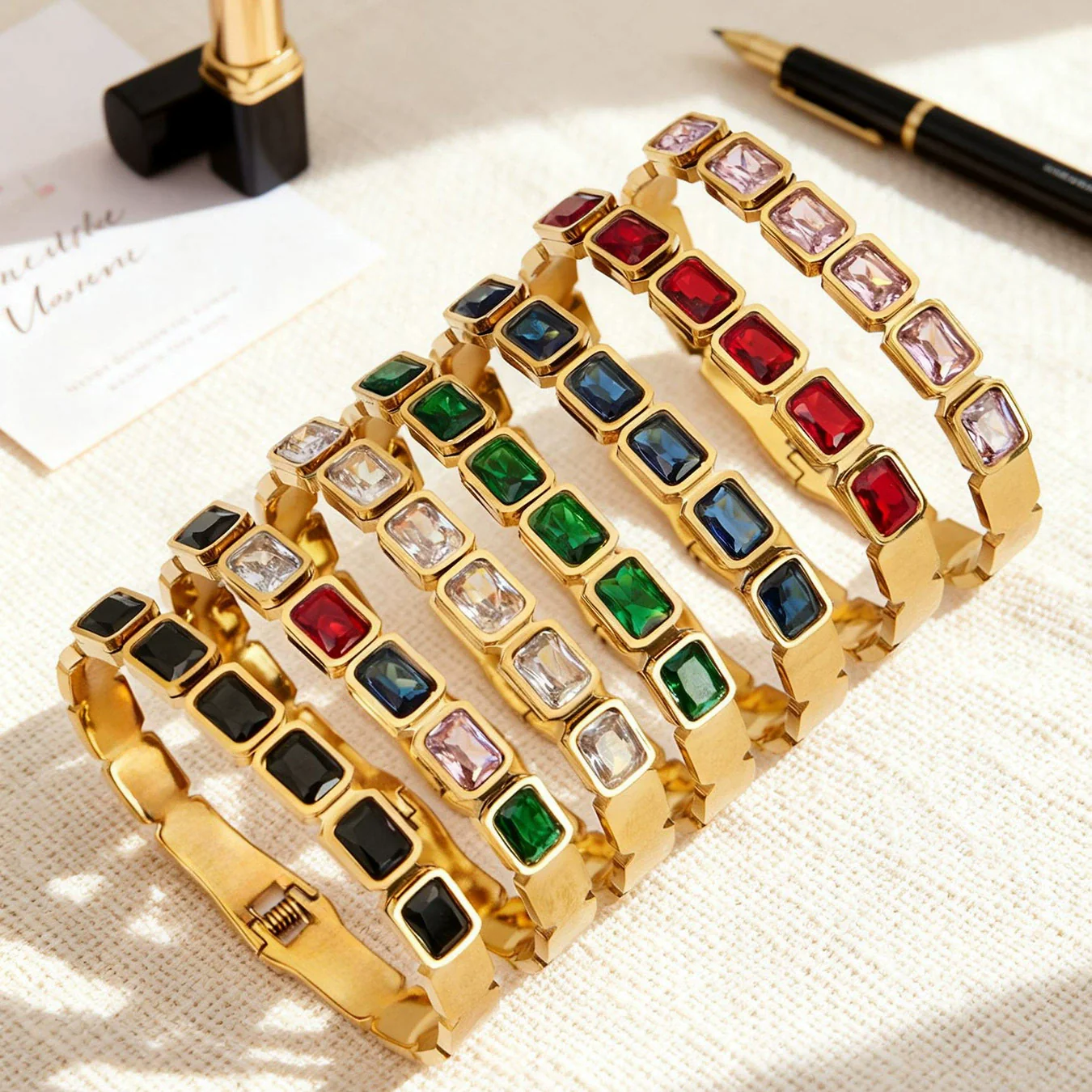 Wholesale Stainless Steel Geometric Square Stained Glass Stone 18K Gold Plated Bracelet Jewelry Accessories - Image 2