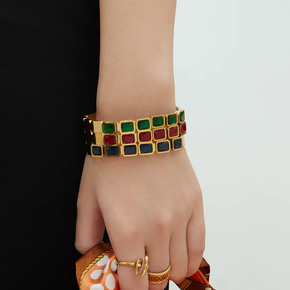 Wholesale Stainless Steel Geometric Square Stained Glass Stone 18K Gold Plated Bracelet Jewelry Accessories - Image 3