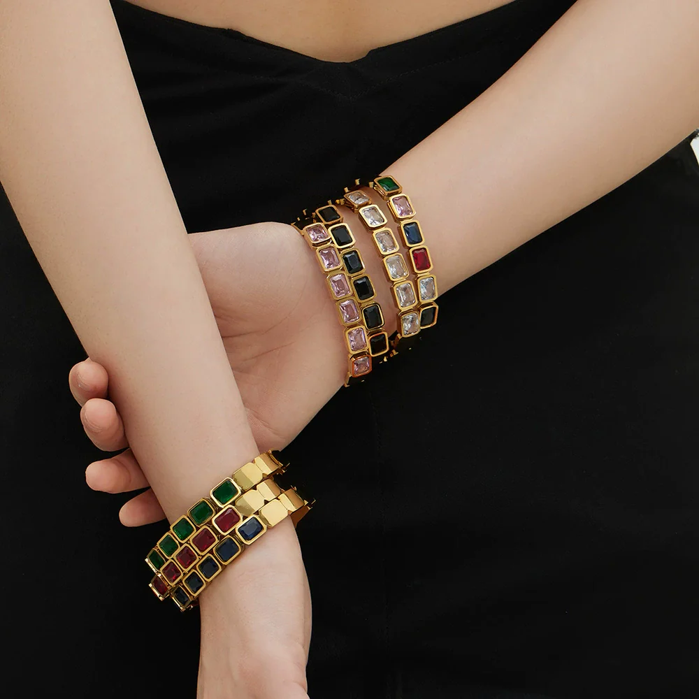 Wholesale Stainless Steel Geometric Square Stained Glass Stone 18K Gold Plated Bracelet Jewelry Accessories - Image 4