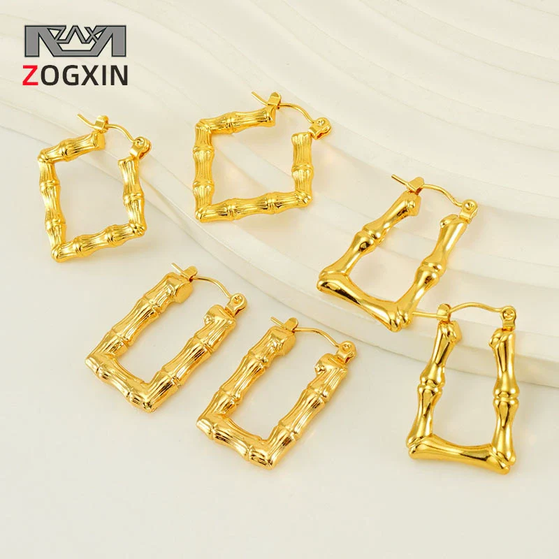 Wholesale 316L Stainless Steel Geometric U Shaped Square Vintage Autumn And Winter Bamboo Texture Earrings For Women With Electroplating Treatment