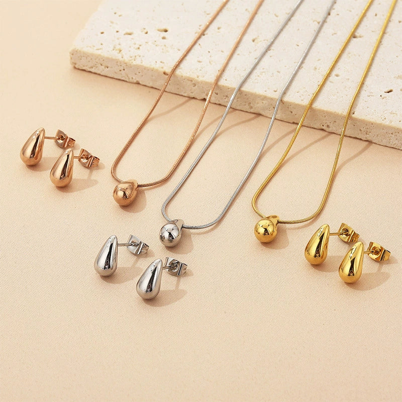 Wholesale Stainless Steel Geometric Water Drop Stud Earrings And Solid Necklace With Electroplating - Image 3