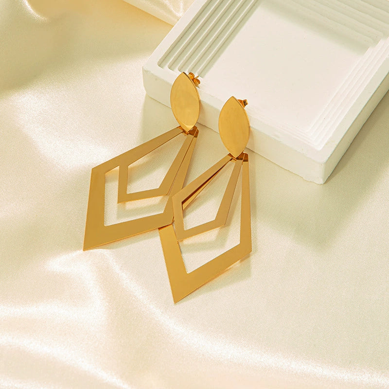 Wholesale Stainless Steel Goldplated Geometric Rhombus Hollow Doublelayer Women's Earrings - Image 2