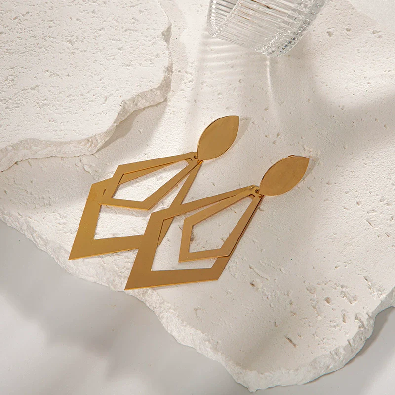 Wholesale Stainless Steel Goldplated Geometric Rhombus Hollow Doublelayer Women's Earrings - Image 3