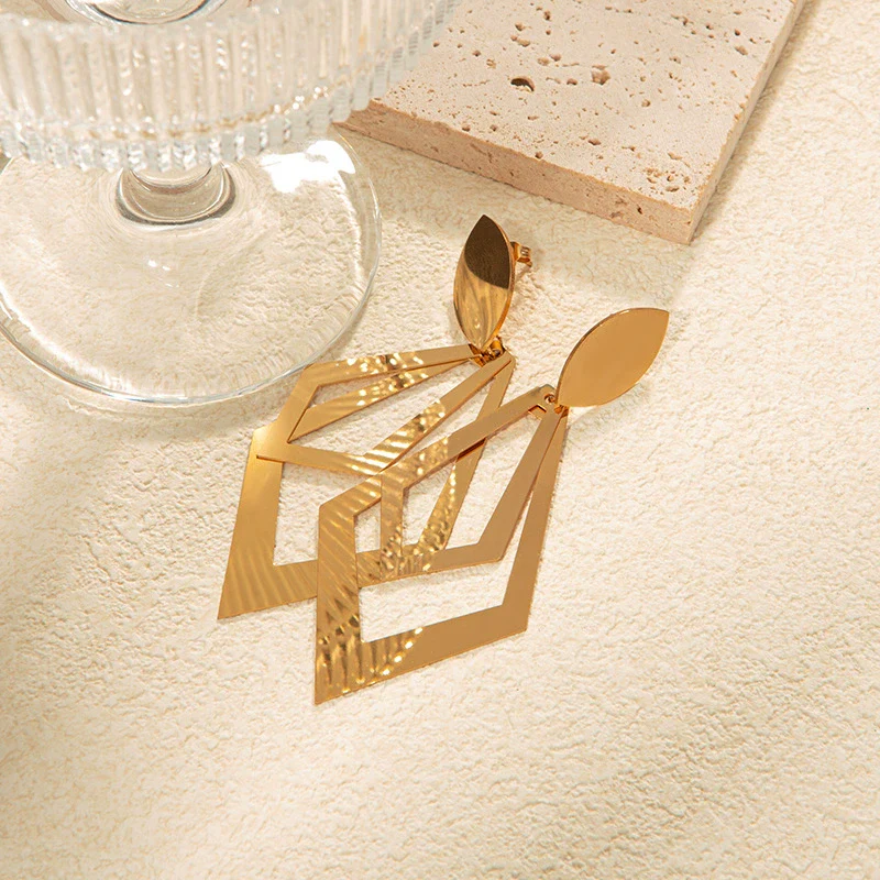 Wholesale Stainless Steel Goldplated Geometric Rhombus Hollow Doublelayer Women's Earrings - Image 4