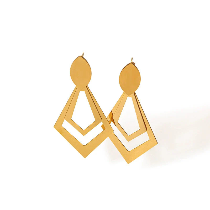 Wholesale Stainless Steel Goldplated Geometric Rhombus Hollow Doublelayer Women's Earrings - Image 5