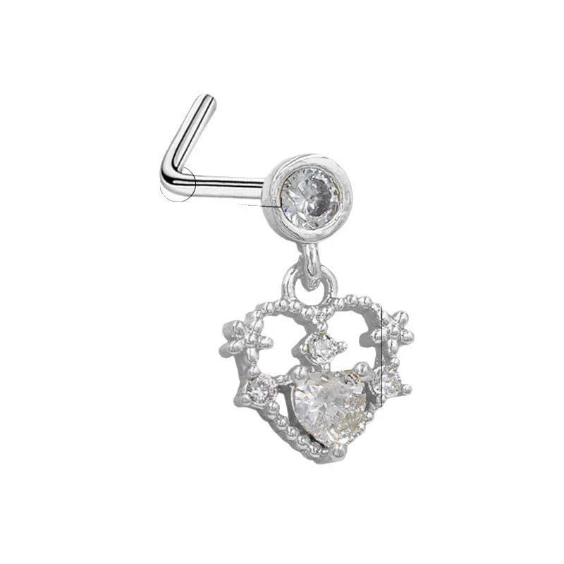 Wholesale Stainless Steel Heart Puncture Nose Ring With Diamond Design - Image 5