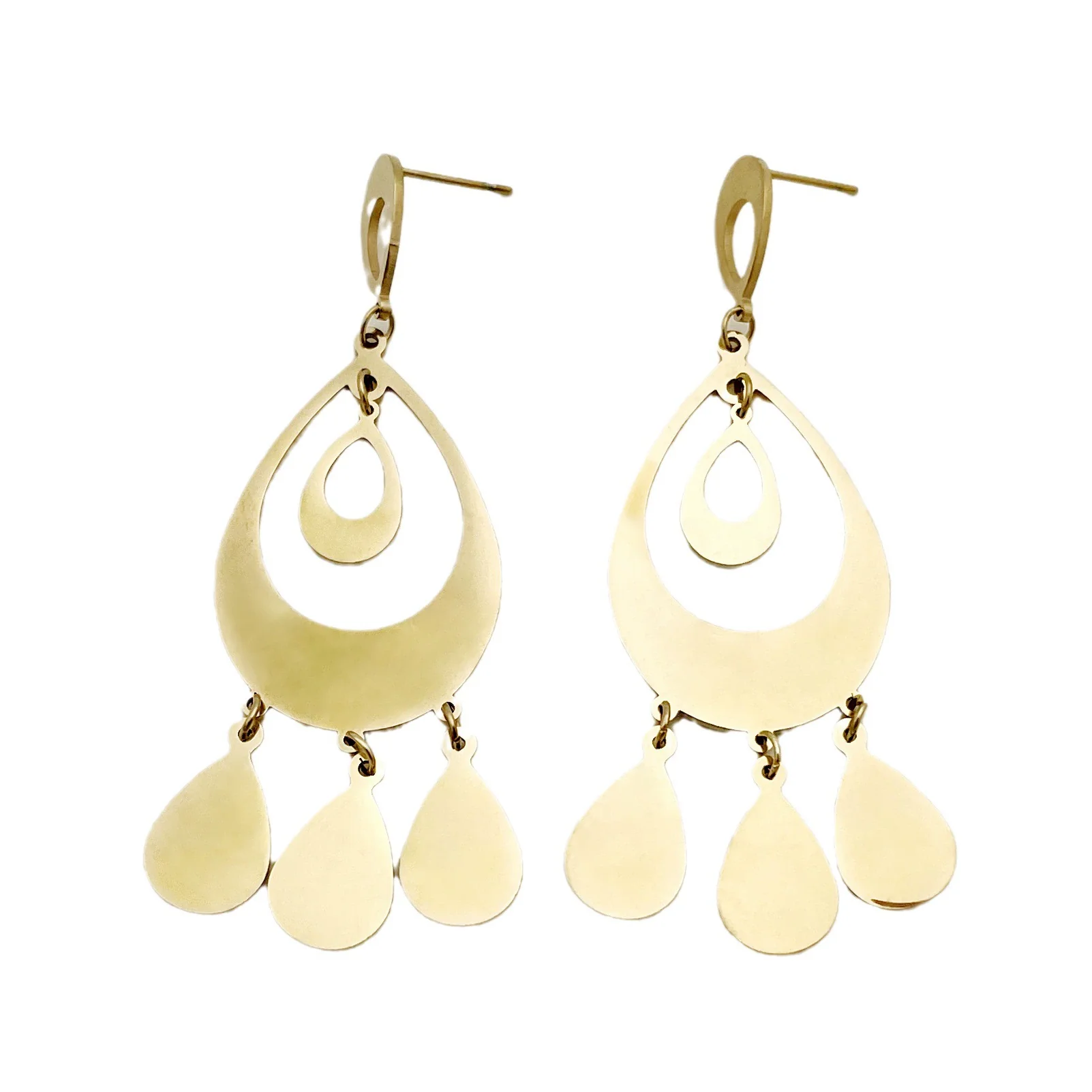 Wholesale Stainless Steel Hollow Dropshaped Electroplated French Retro Earrings - Image 5