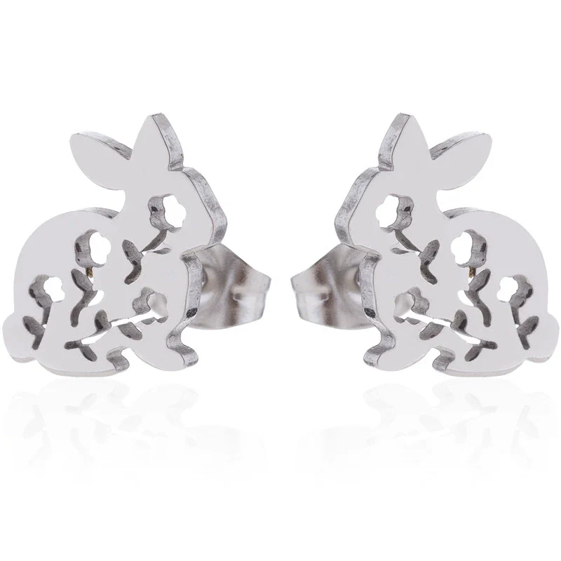 Wholesale Stainless Steel Hollow Flower And Rabbit Animal Earrings For Women With Electroplating Treatment - Image 5