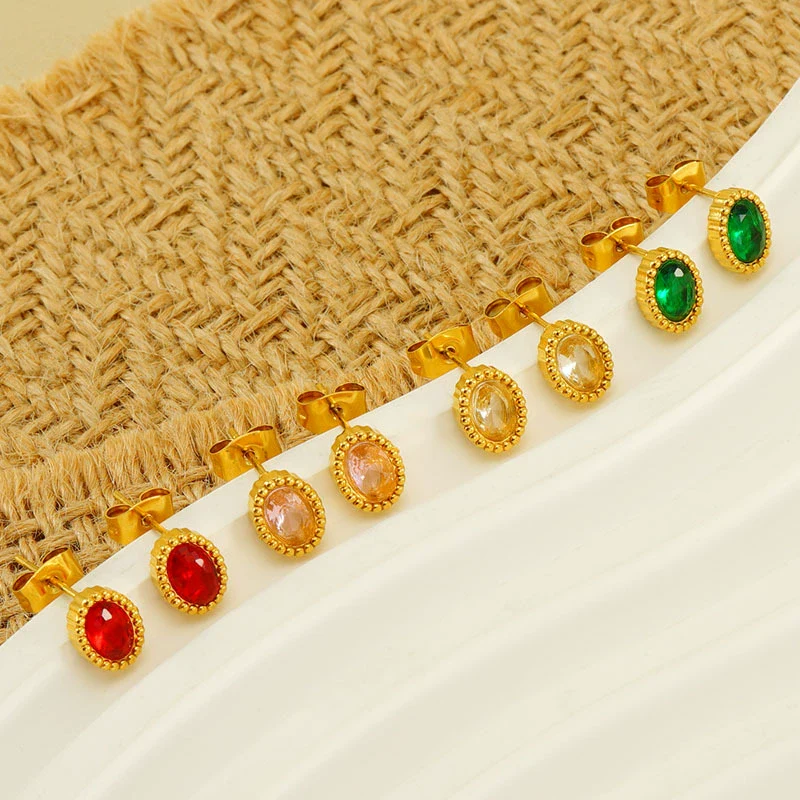 Wholesale 316L Stainless Steel Inlaid Zircon Oval Women's Geometric Electroplated Light Luxury Earrings - Image 2