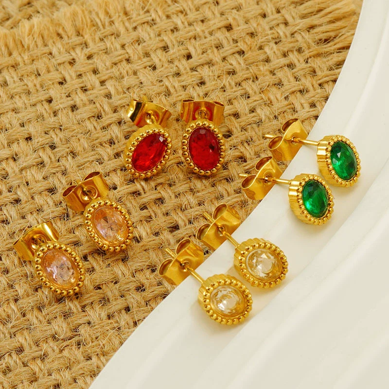 Wholesale 316L Stainless Steel Inlaid Zircon Oval Women's Geometric Electroplated Light Luxury Earrings - Image 3