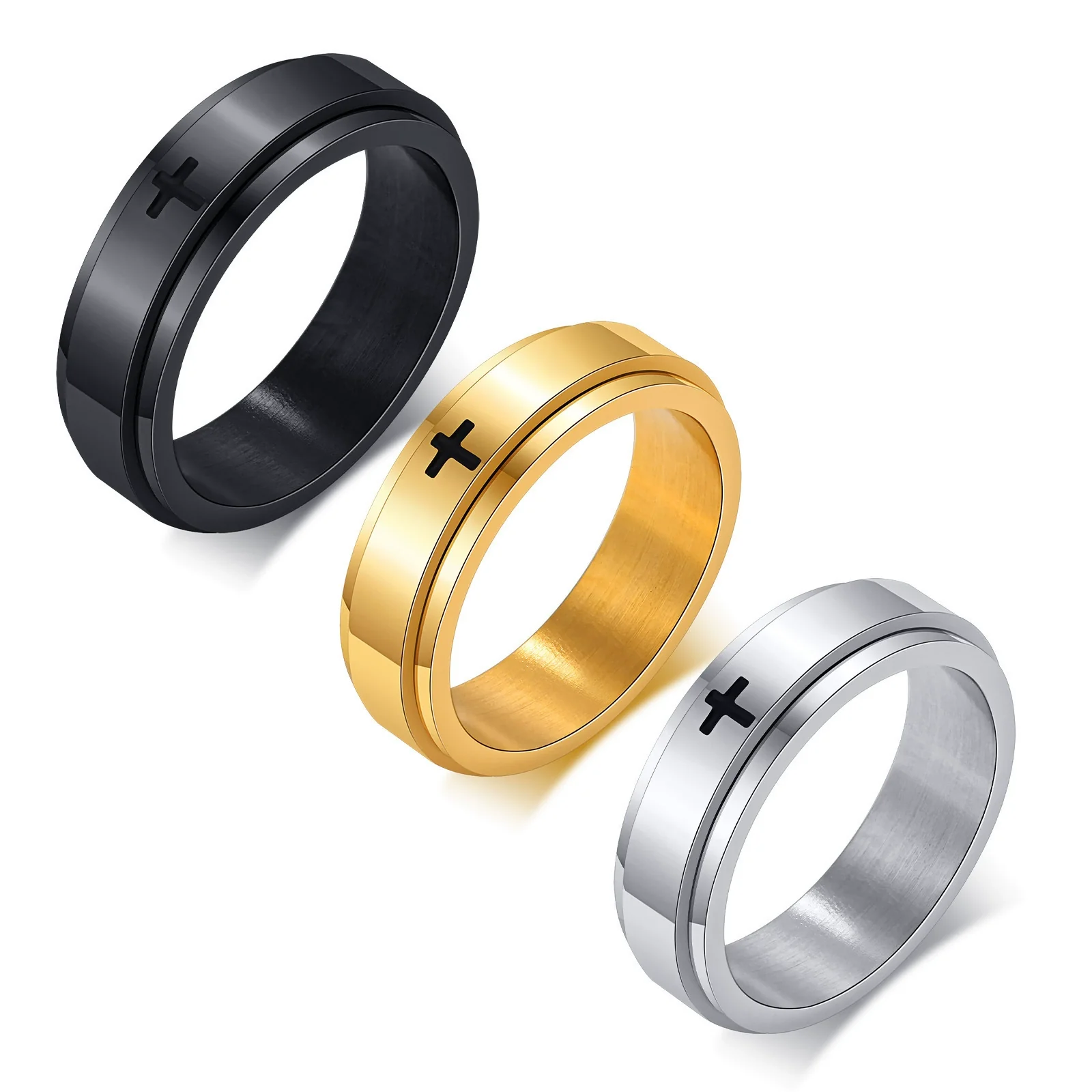 Wholesale Stainless Steel Laser Corrosion Cross Rotatable Ring For Men With Electroplating Treatment Religious Totem Style