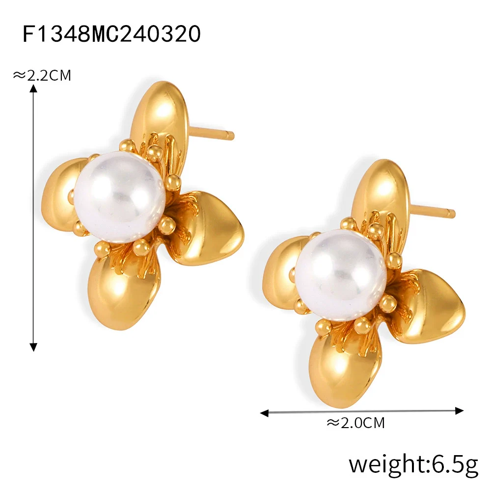 Wholesale Stainless Steel Light Luxury Geometric Petal Flower Inlaid Bead Earrings Electroplated 18K Gold For Women - Image 10