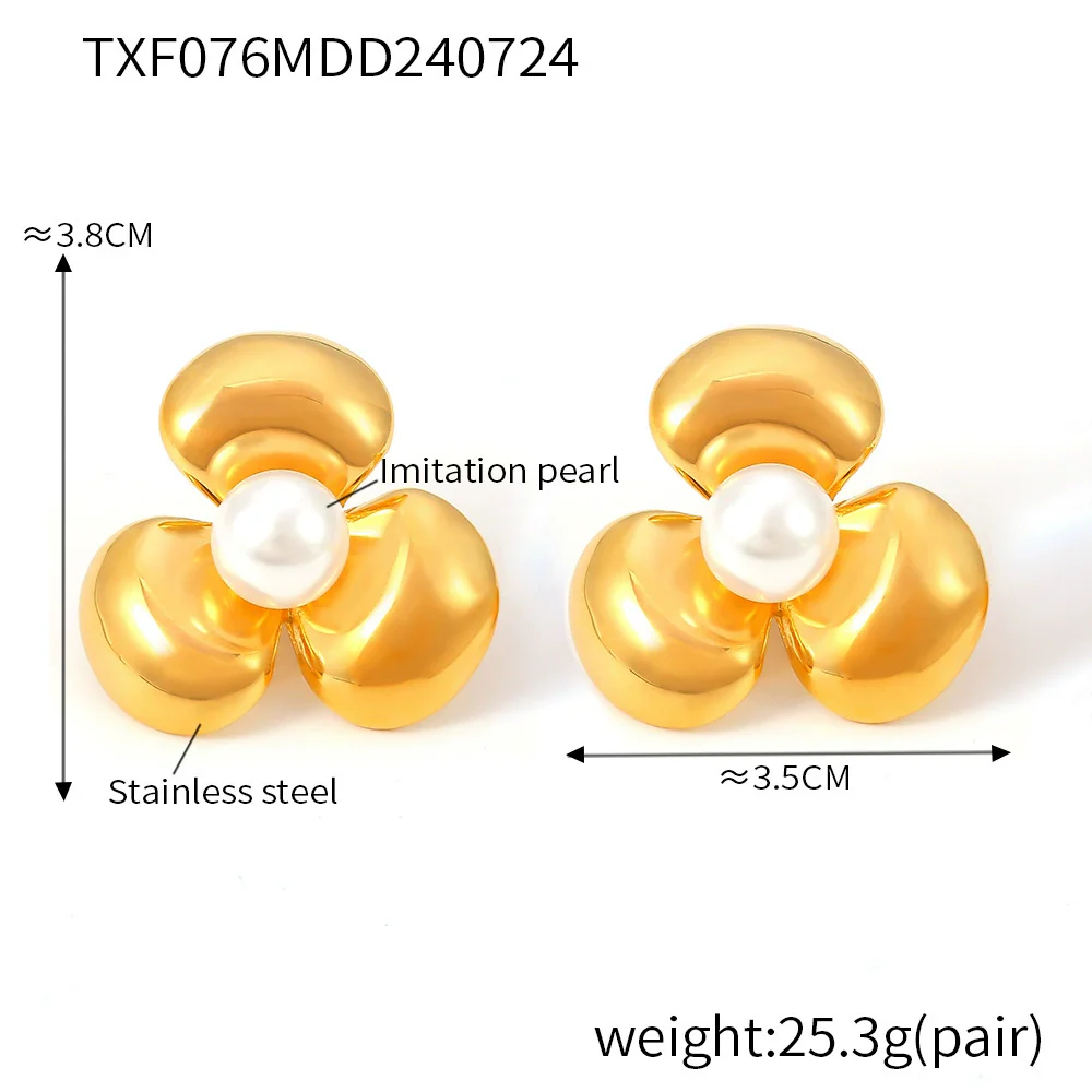 Wholesale Stainless Steel Light Luxury Geometric Petal Flower Inlaid Bead Earrings Electroplated 18K Gold For Women - Image 16