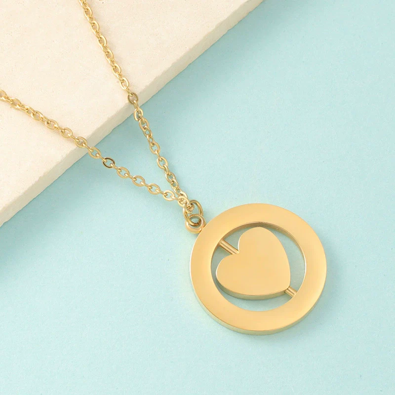 Wholesale Stainless Steel Love Rotatable Double Round Necklace Jewelry Clavicle Chain With Geometric Style - Image 2