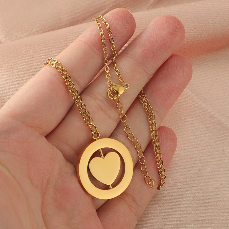 Wholesale Stainless Steel Love Rotatable Double Round Necklace Jewelry Clavicle Chain With Geometric Style - Image 4