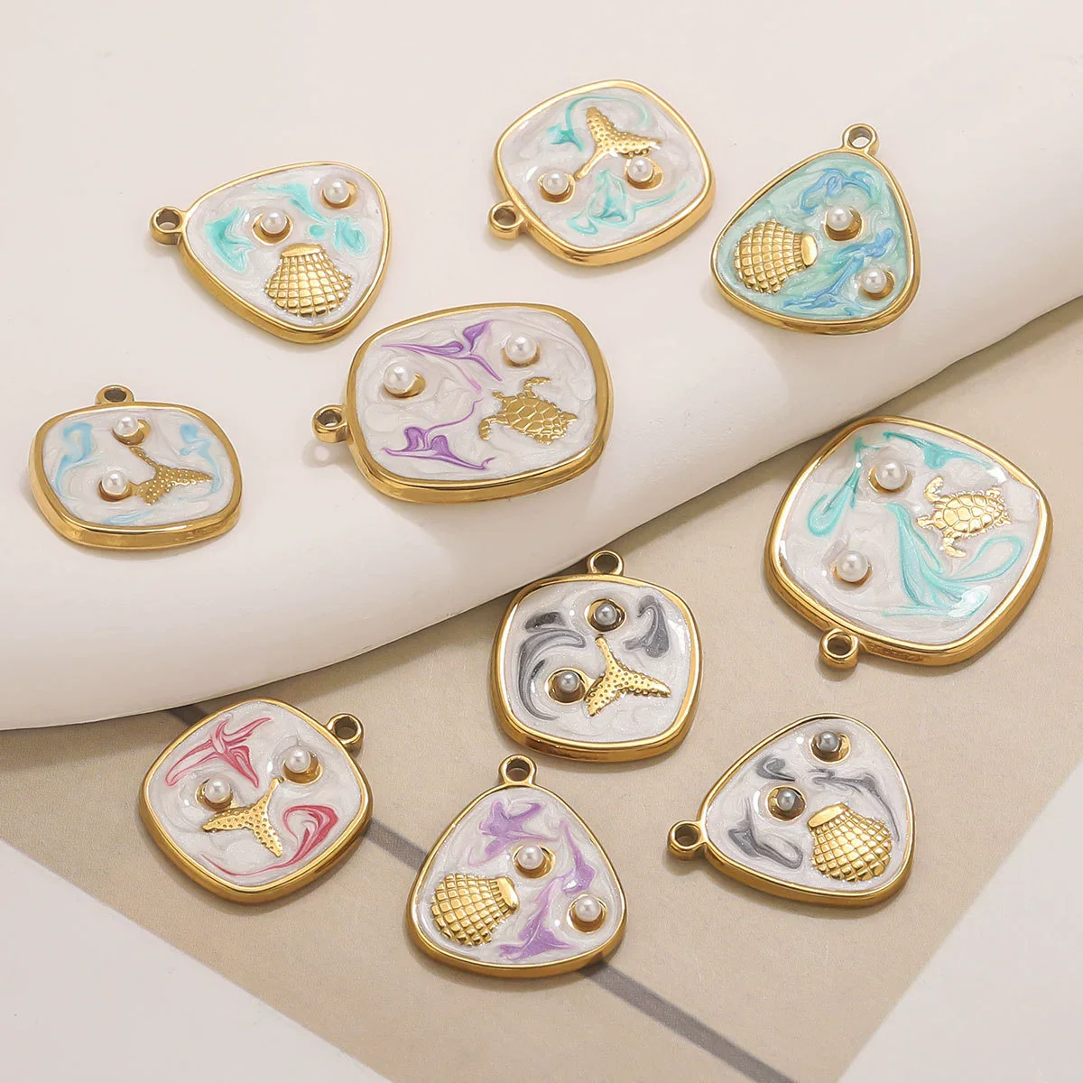 Wholesale Stainless Steel Marine Style Pendants With Shells Mermaids Turtles Square Oval Shapes Electroplated - Image 3