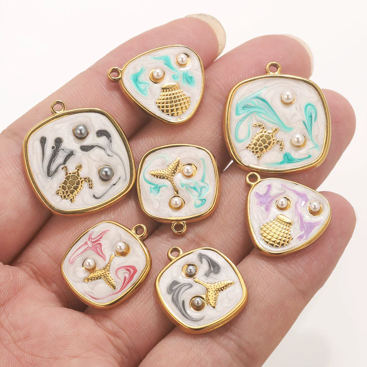 Wholesale Stainless Steel Marine Style Pendants With Shells Mermaids Turtles Square Oval Shapes Electroplated - Image 4