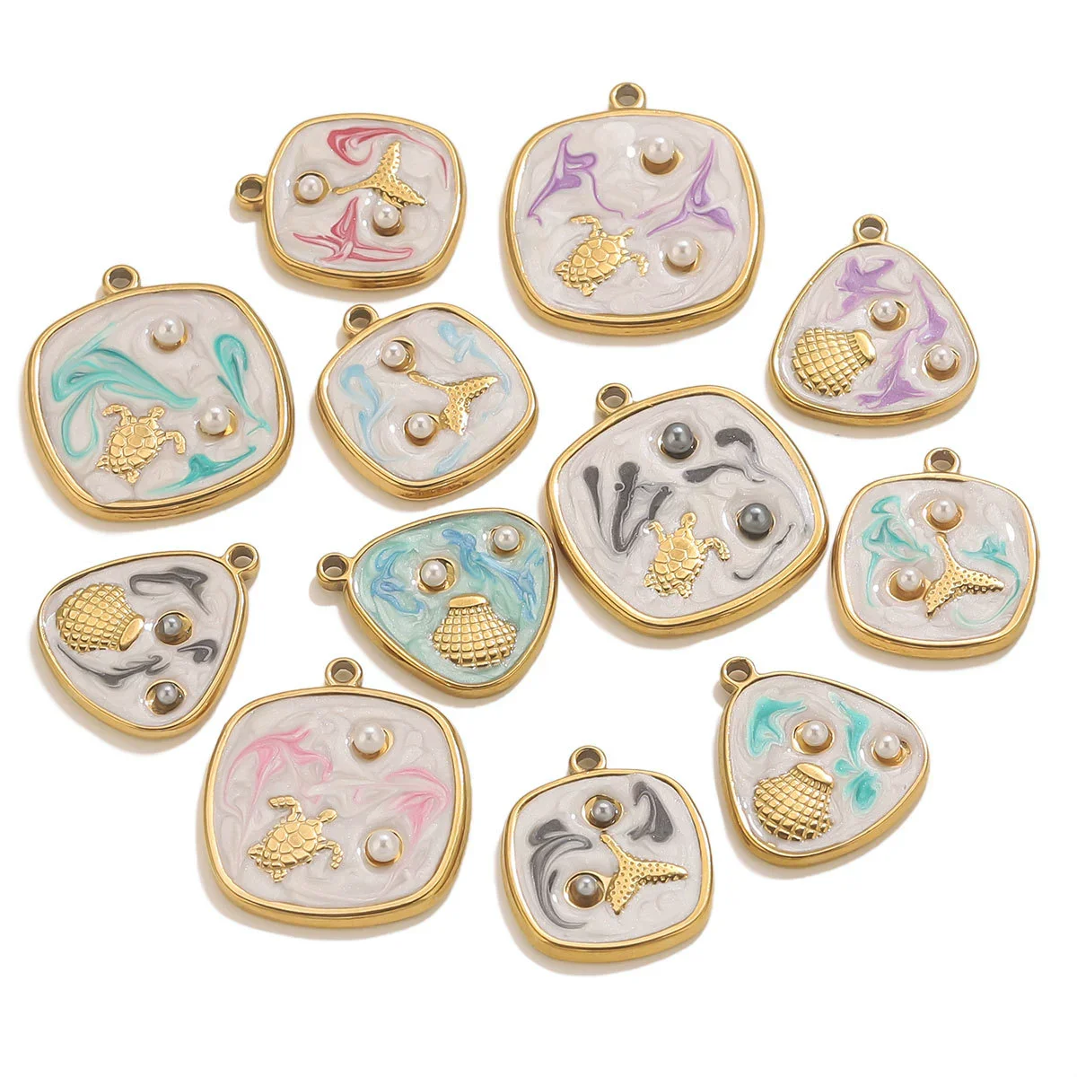 Wholesale Stainless Steel Marine Style Pendants With Shells Mermaids Turtles Square Oval Shapes Electroplated - Image 5