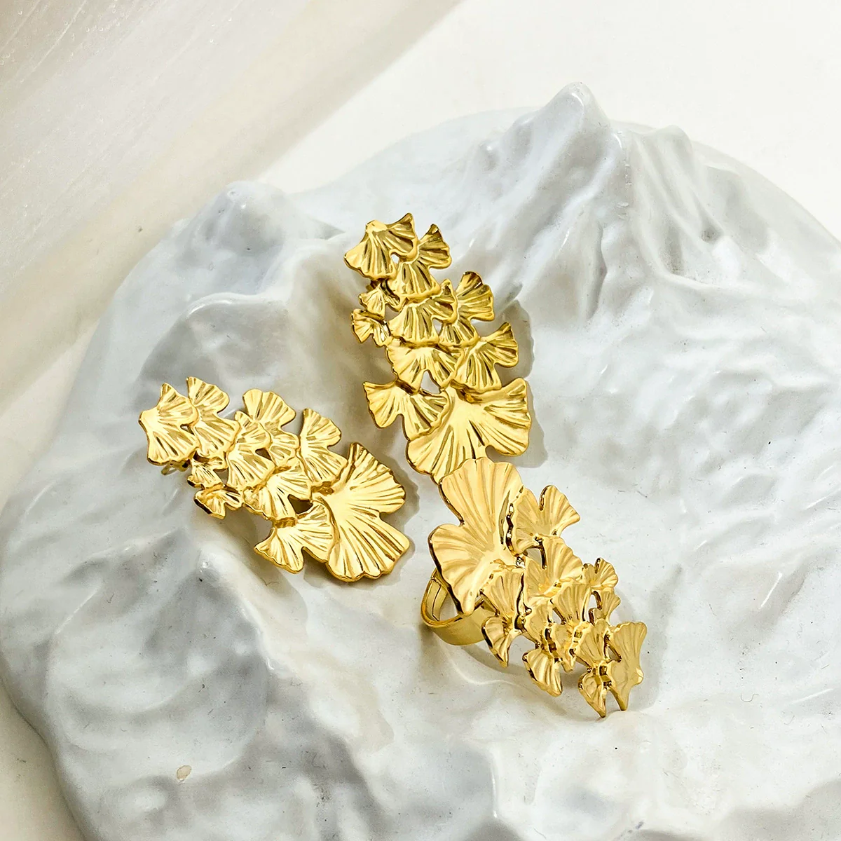 Wholesale Stainless Steel Medievalstyle Ginkgo Leaf Stacked Long Earrings Plated With Gold