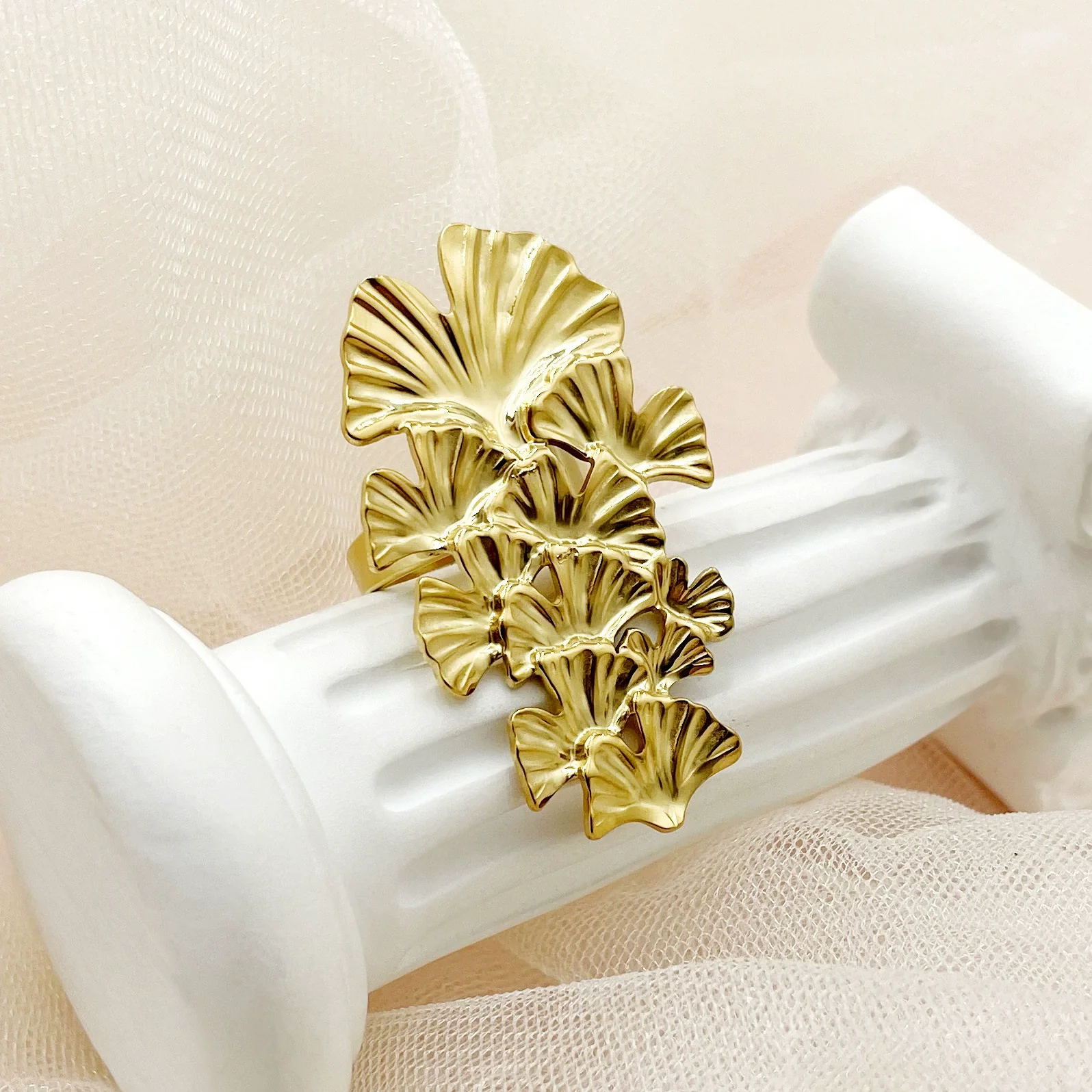 Wholesale Stainless Steel Medievalstyle Ginkgo Leaf Stacked Long Earrings Plated With Gold - Image 2