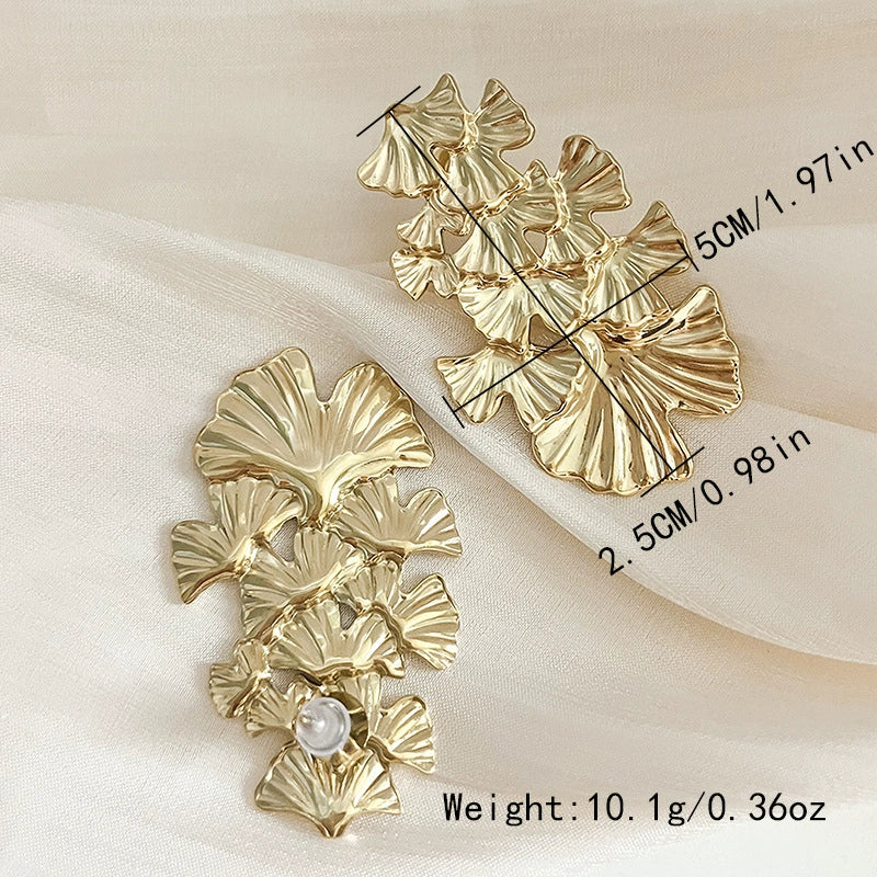 Wholesale Stainless Steel Medievalstyle Ginkgo Leaf Stacked Long Earrings Plated With Gold - Image 7
