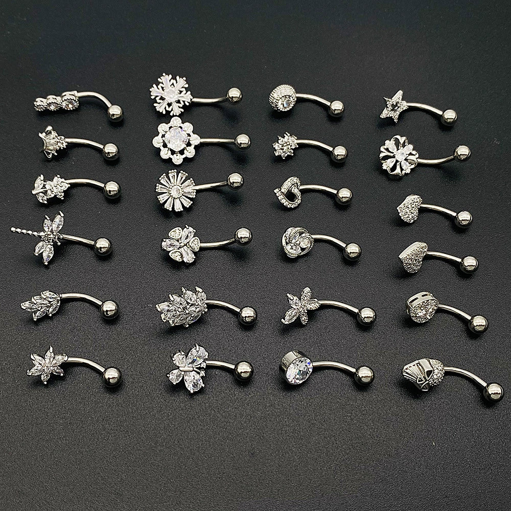 Wholesale Stainless Steel Navel Ring With Heart Butterfly Skull Leaves Star Crown Flowers Zircon Electroplated Women's Piercing Jewelry