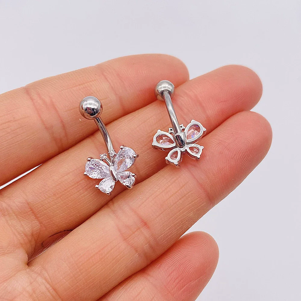 Wholesale Stainless Steel Navel Ring With Heart Butterfly Skull Leaves Star Crown Flowers Zircon Electroplated Women's Piercing Jewelry - Image 2