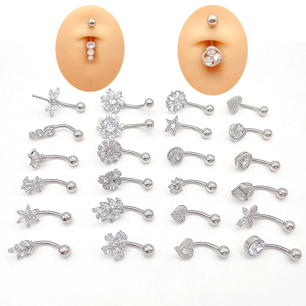 Wholesale Stainless Steel Navel Ring With Heart Butterfly Skull Leaves Star Crown Flowers Zircon Electroplated Women's Piercing Jewelry - Image 5