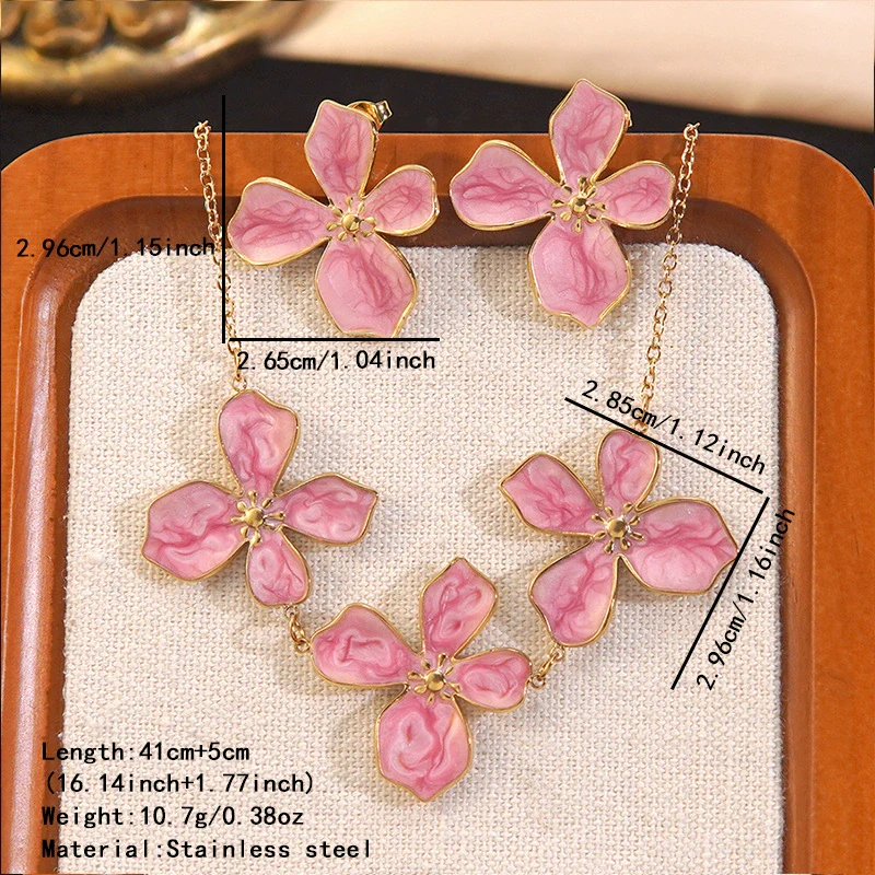 Wholesale Stainless Steel Plants And Flowers Dripping Oil Style Necklace And Earrings Set For Women - Image 4