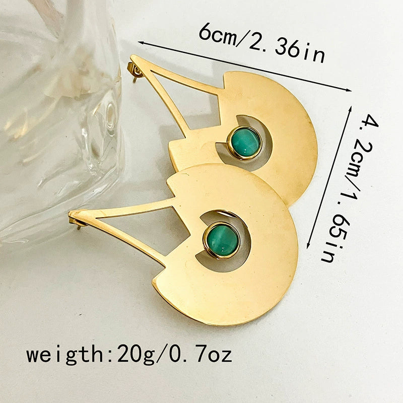 Wholesale Stainless Steel Retro Geometric Lines Emerald Long Earrings With Real Gold Electroplating - Image 3