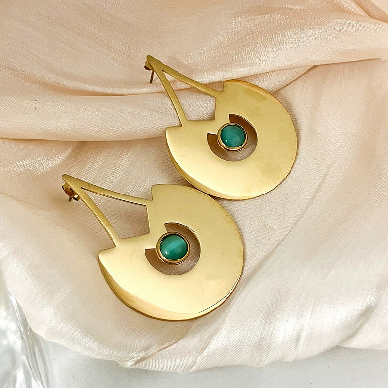 Wholesale Stainless Steel Retro Geometric Lines Emerald Long Earrings With Real Gold Electroplating - Image 4