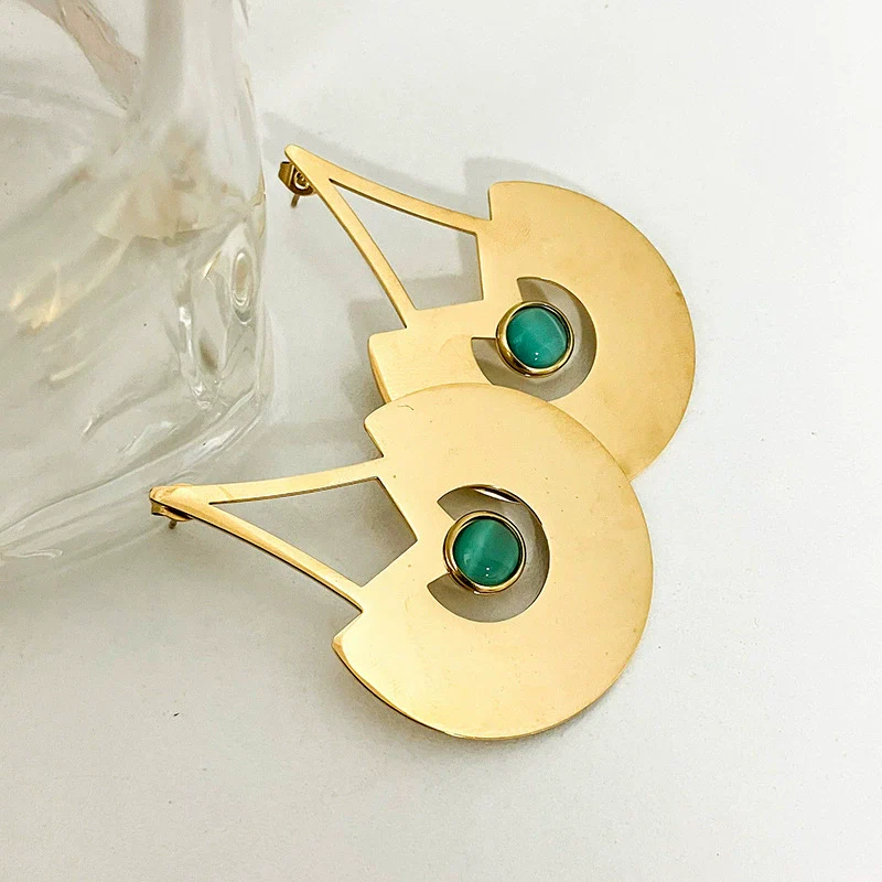 Wholesale Stainless Steel Retro Geometric Lines Emerald Long Earrings With Real Gold Electroplating - Image 5