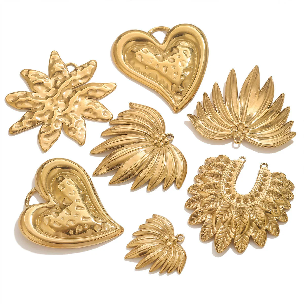 Wholesale Stainless Steel Retro Style Embossed Texture Gold Pendant Set With Flower Heart Fanshaped And Leaf Shapes Electroplated Diy Jewelry Accessories - Image 2