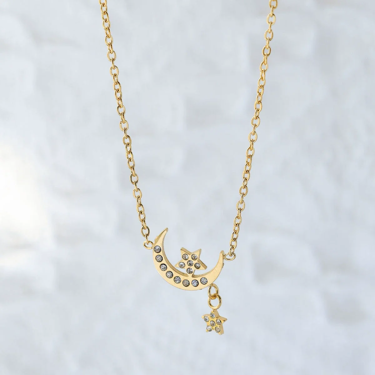 Wholesale Stainless Steel Rhinestone Star Moon Pendant Conventional Chain Necklace With Geometric Pattern And Electroplating Preppy Style - Image 3