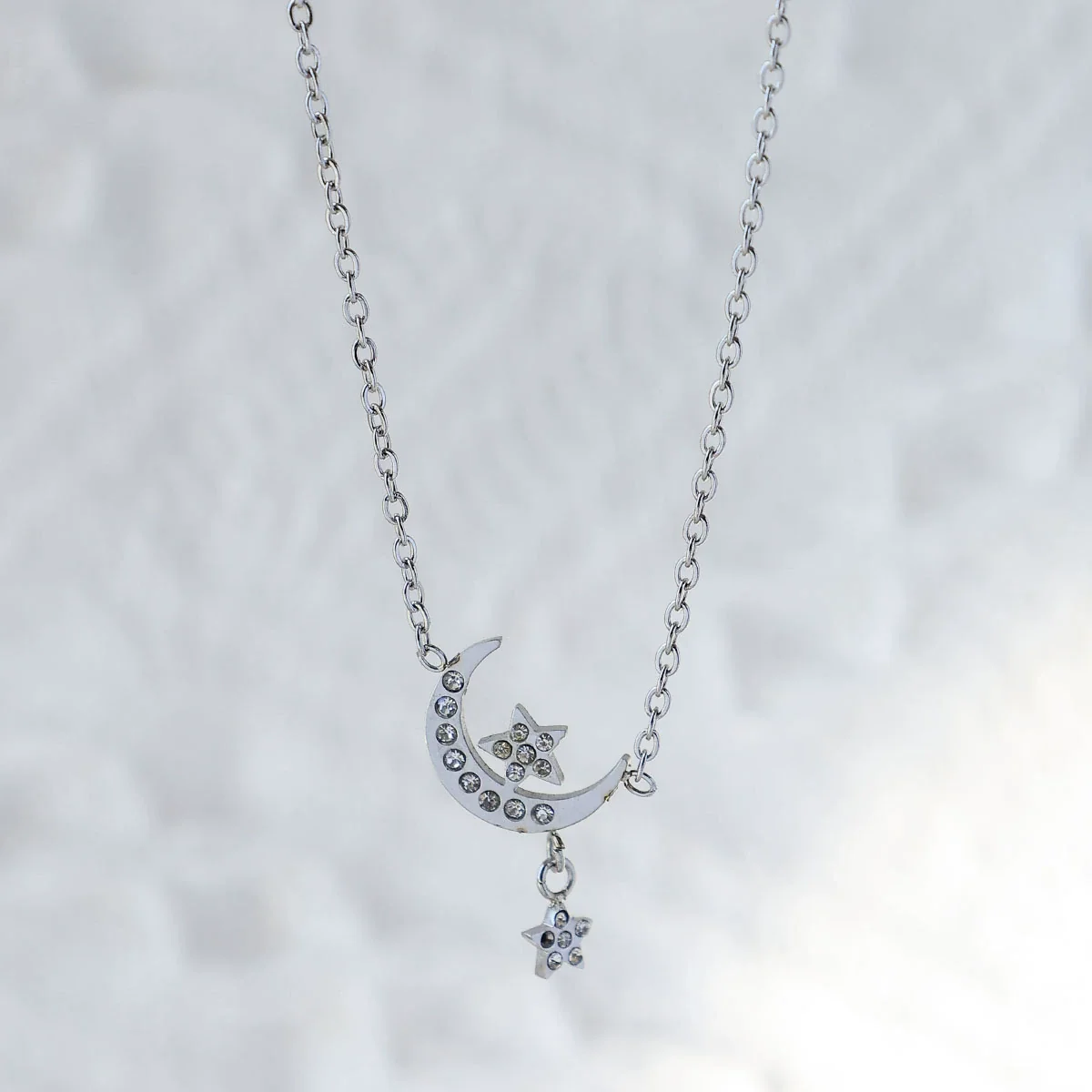 Wholesale Stainless Steel Rhinestone Star Moon Pendant Conventional Chain Necklace With Geometric Pattern And Electroplating Preppy Style - Image 4