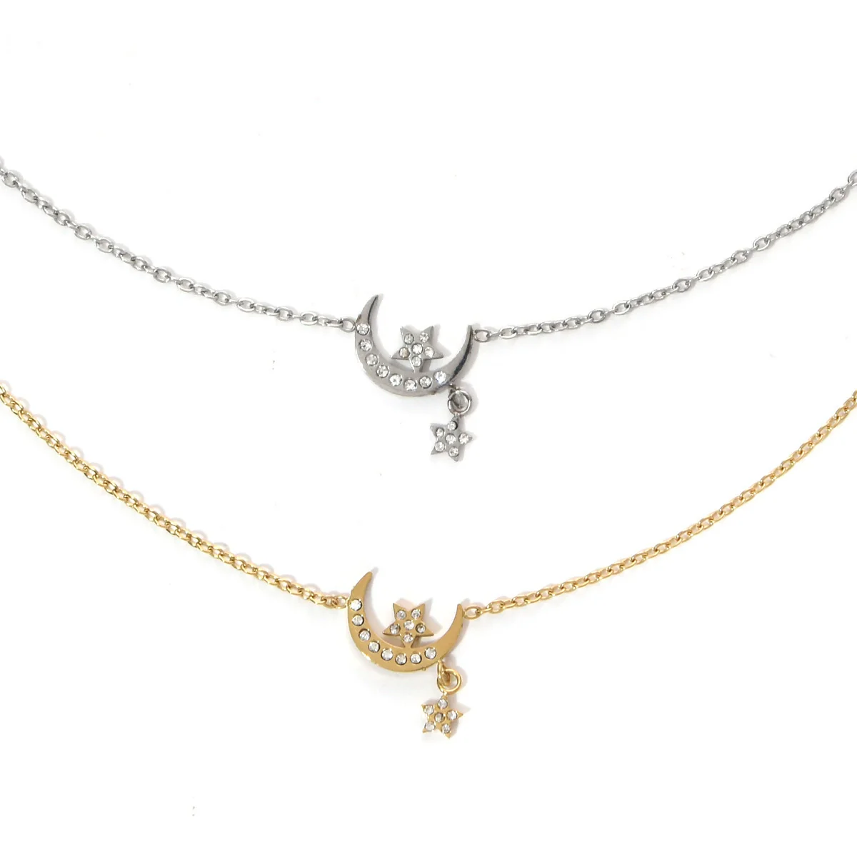Wholesale Stainless Steel Rhinestone Star Moon Pendant Conventional Chain Necklace With Geometric Pattern And Electroplating Preppy Style - Image 5