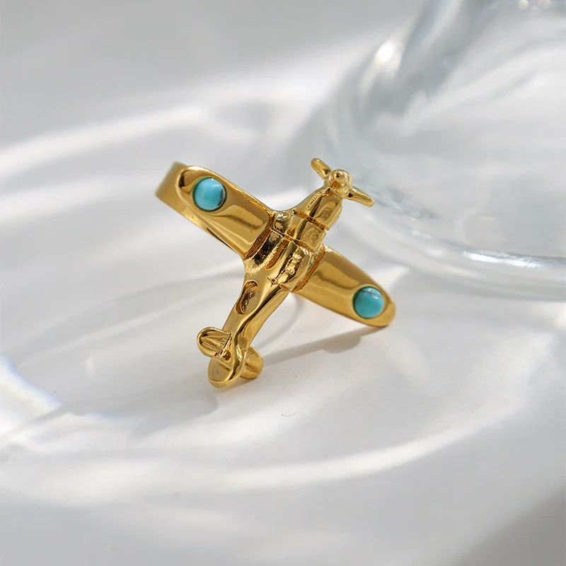 Wholesale Stainless Steel Turquoise Inlay Aircraft Opening Ring Electroplated Fashion Retro Jewelry Accessories For Women