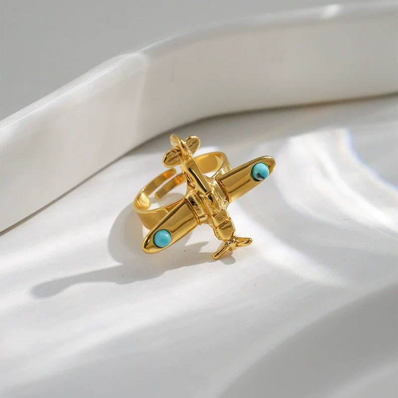 Wholesale Stainless Steel Turquoise Inlay Aircraft Opening Ring Electroplated Fashion Retro Jewelry Accessories For Women - Image 3