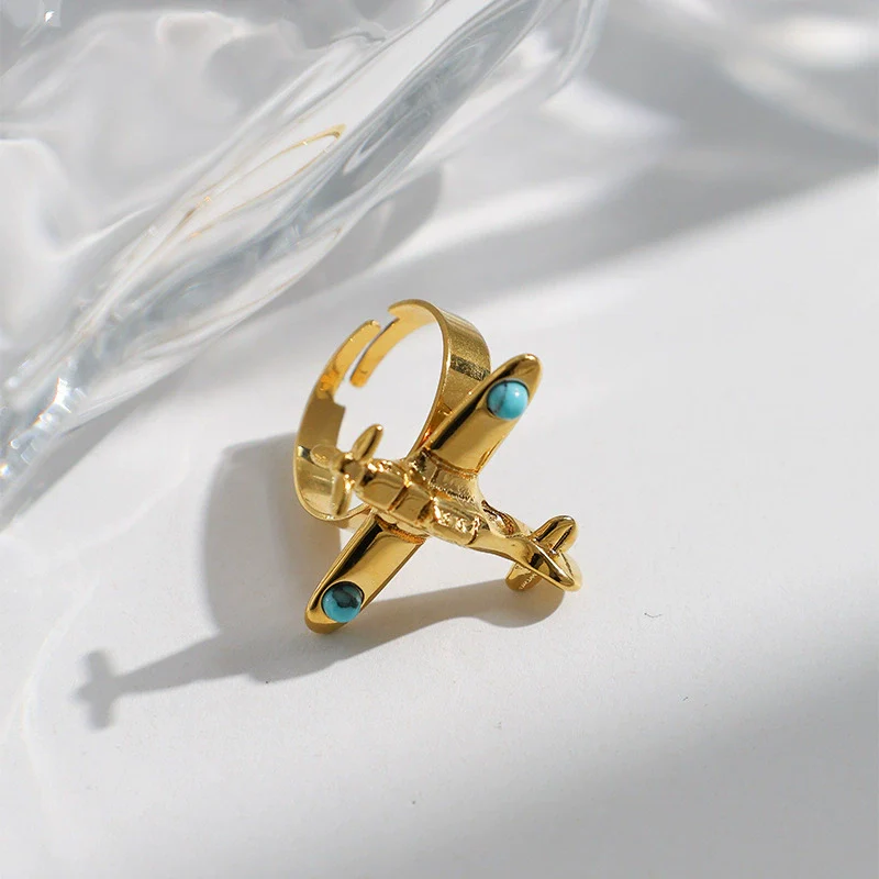 Wholesale Stainless Steel Turquoise Inlay Aircraft Opening Ring Electroplated Fashion Retro Jewelry Accessories For Women - Image 4