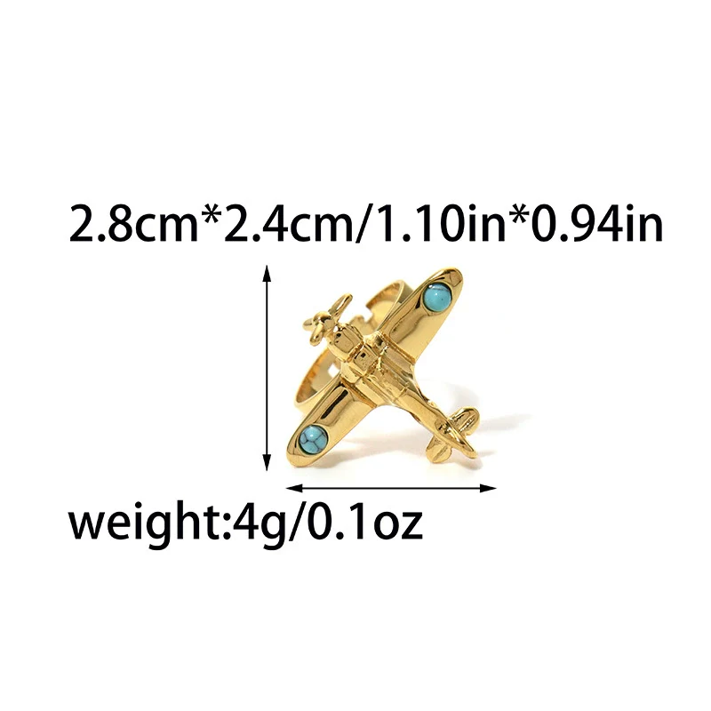 Wholesale Stainless Steel Turquoise Inlay Aircraft Opening Ring Electroplated Fashion Retro Jewelry Accessories For Women - Image 5
