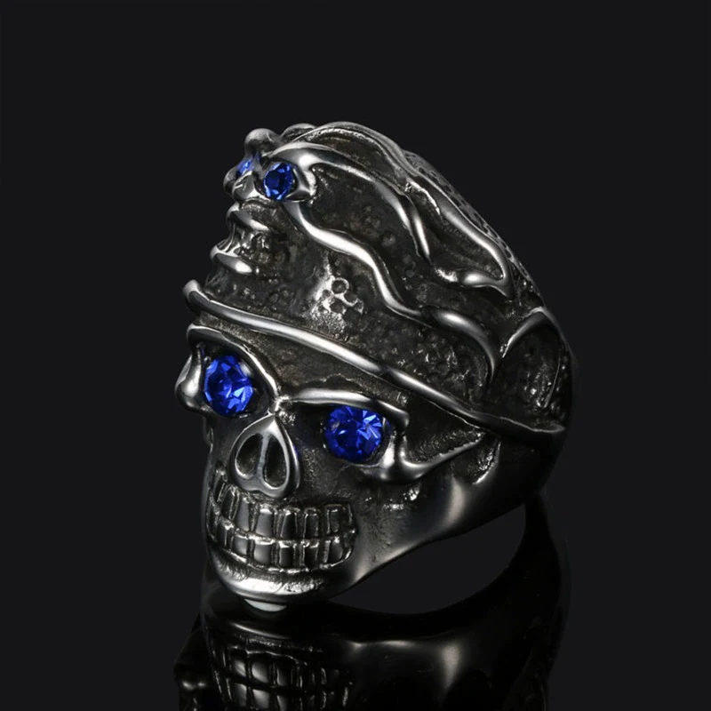 Wholesale Stainless Steel Unisex Double Skull Blue Eye Ring With Sapphire Retro Style And Oil Applied